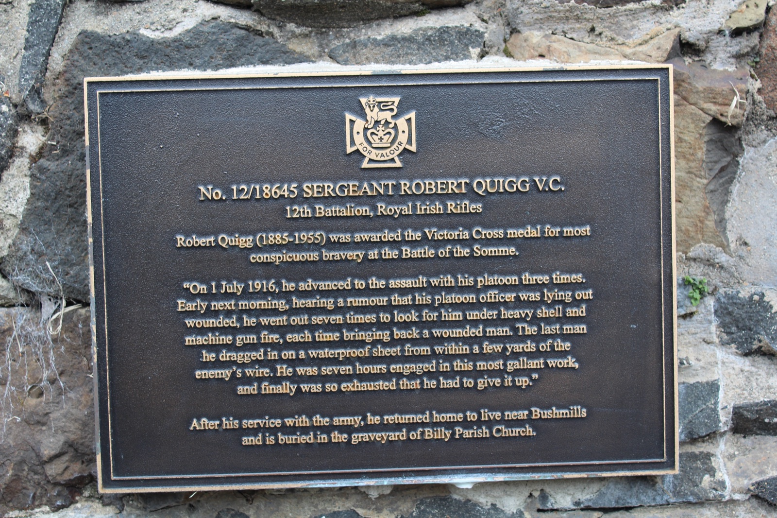 A memorial plaque to Sergeant Robert Quigg VC, detailing his Victoria Cross action at the Battle of the Somme
