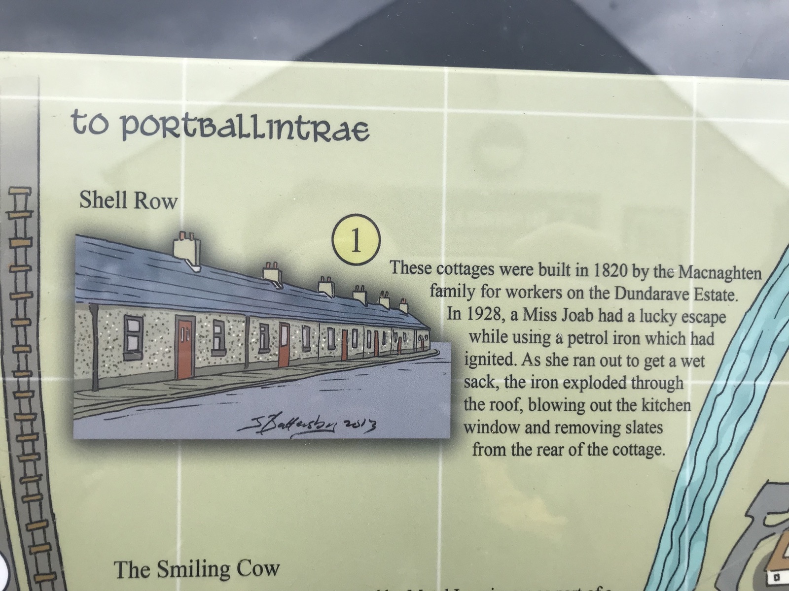 A local heritage trail information board describing Shell Row’s history, including the 1928 petrol iron incident