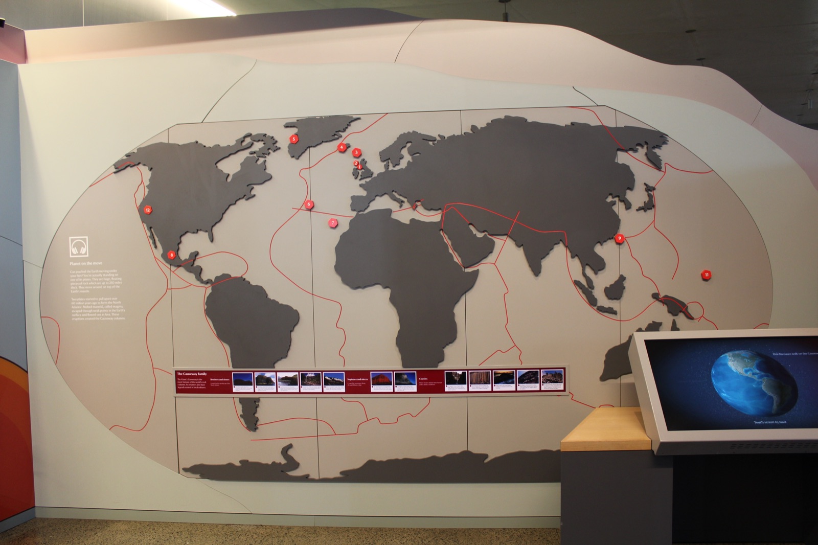 A large wall map inside the Visitor Centre showing the Giant's Causeway's basalt-column relatives around the world